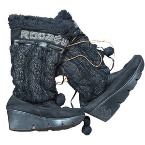 Y2K Grunge Womens Black Cable Knit Faux Fur Wedge Platform Boots Pom Poms